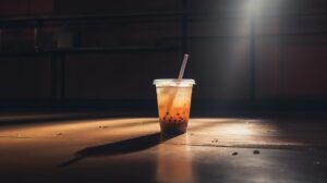 Bubble tea cup on ground in ample lighted room