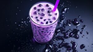 Taro bubble tea in glass from above